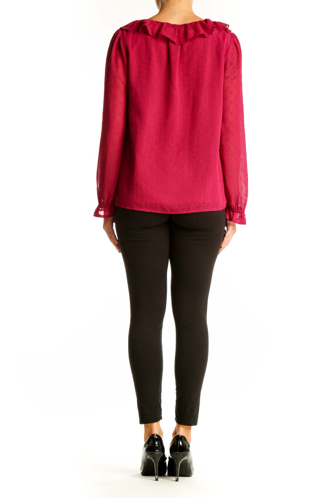Back view of red J.Crew blouse showing long sleeves and relaxed fit