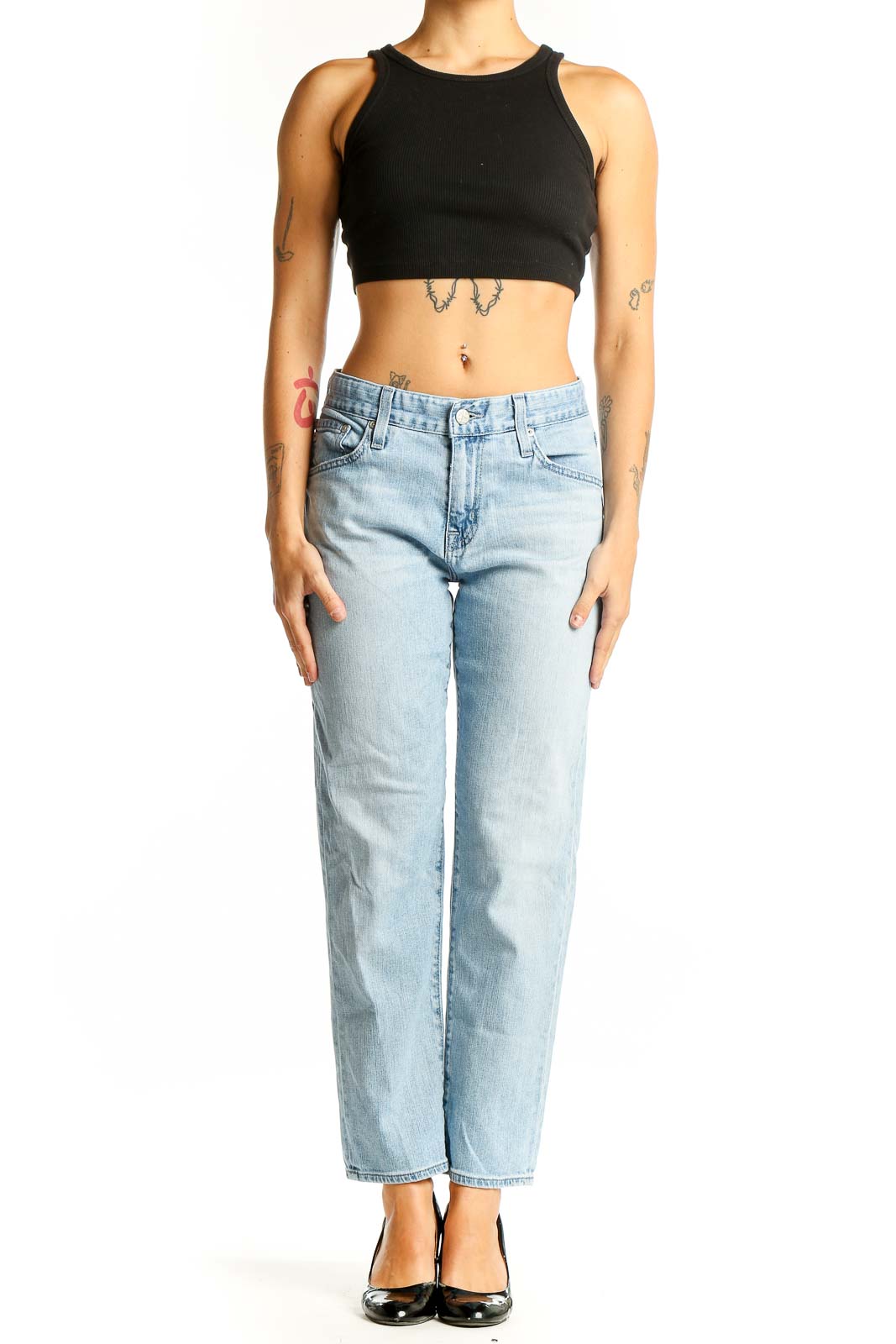 Front view of Adriano Goldschmied light blue straight leg jeans on model
