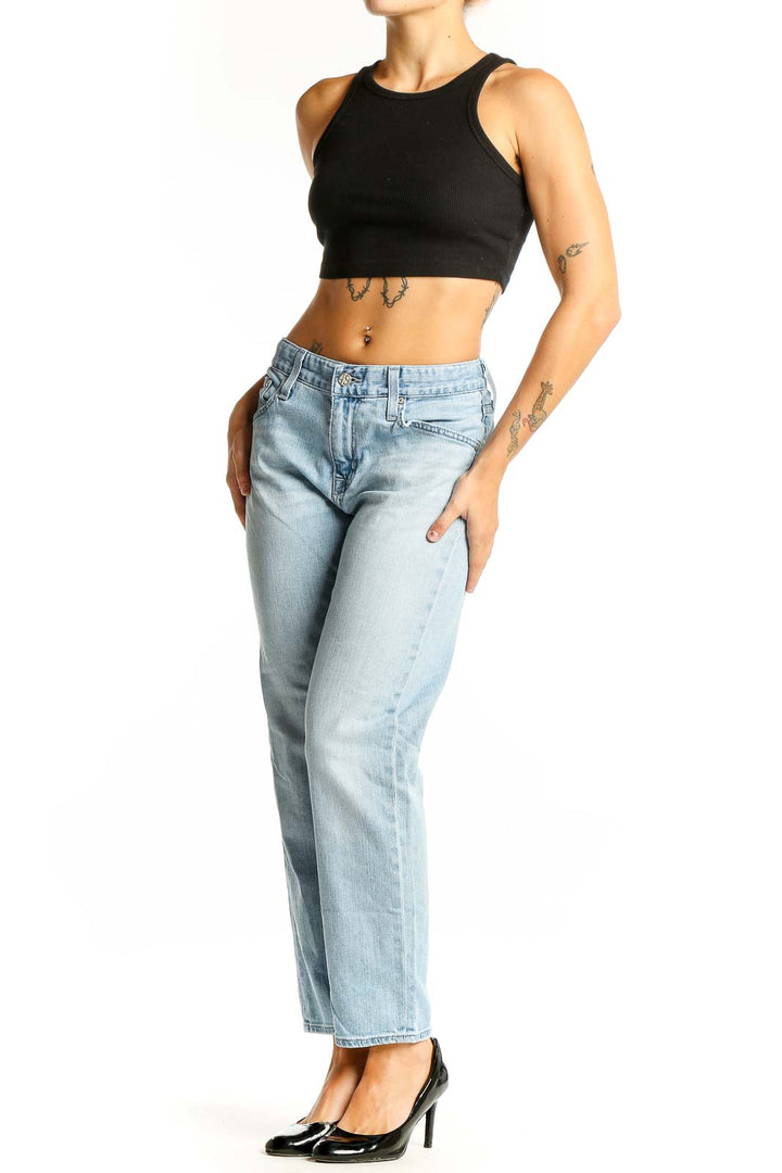 Front view of Adriano Goldschmied light blue straight leg jeans on model