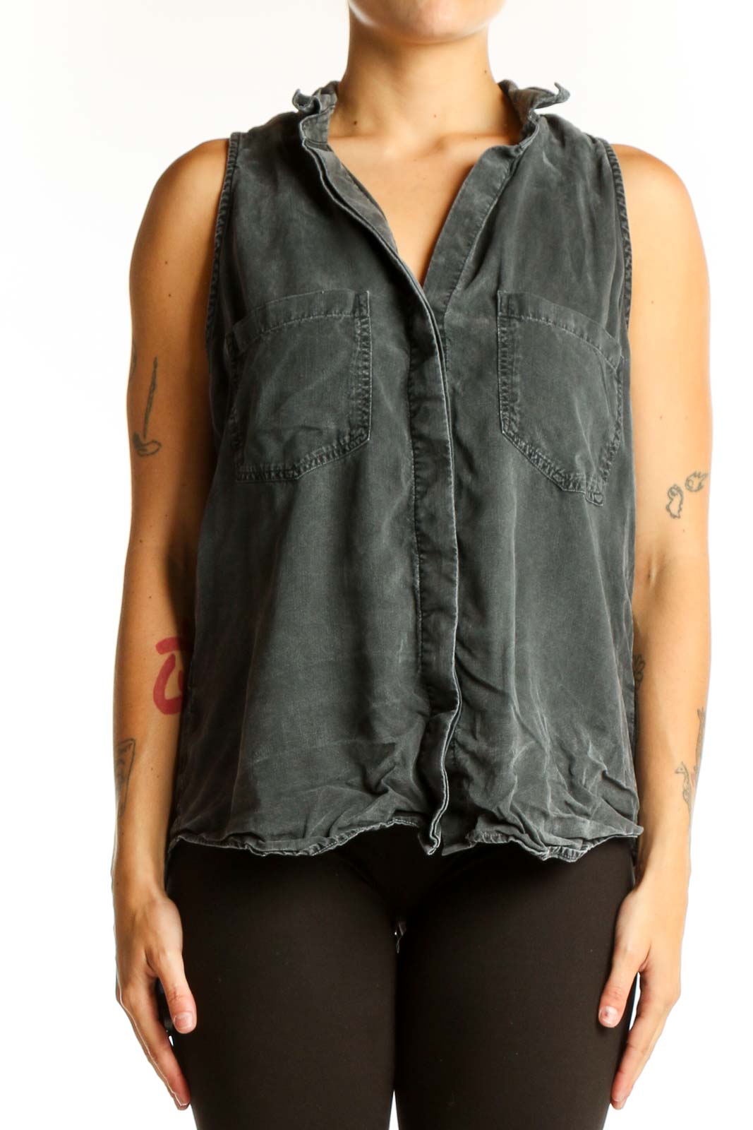 Front view of gray sleeveless button-up top by cloth & stone