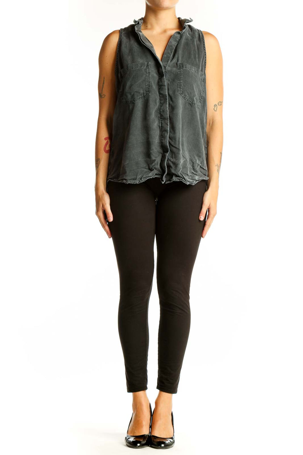 Front view of gray sleeveless button-up top by cloth & stone