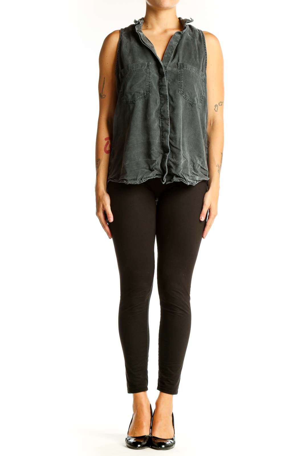 Front view of gray sleeveless button-up top by cloth & stone