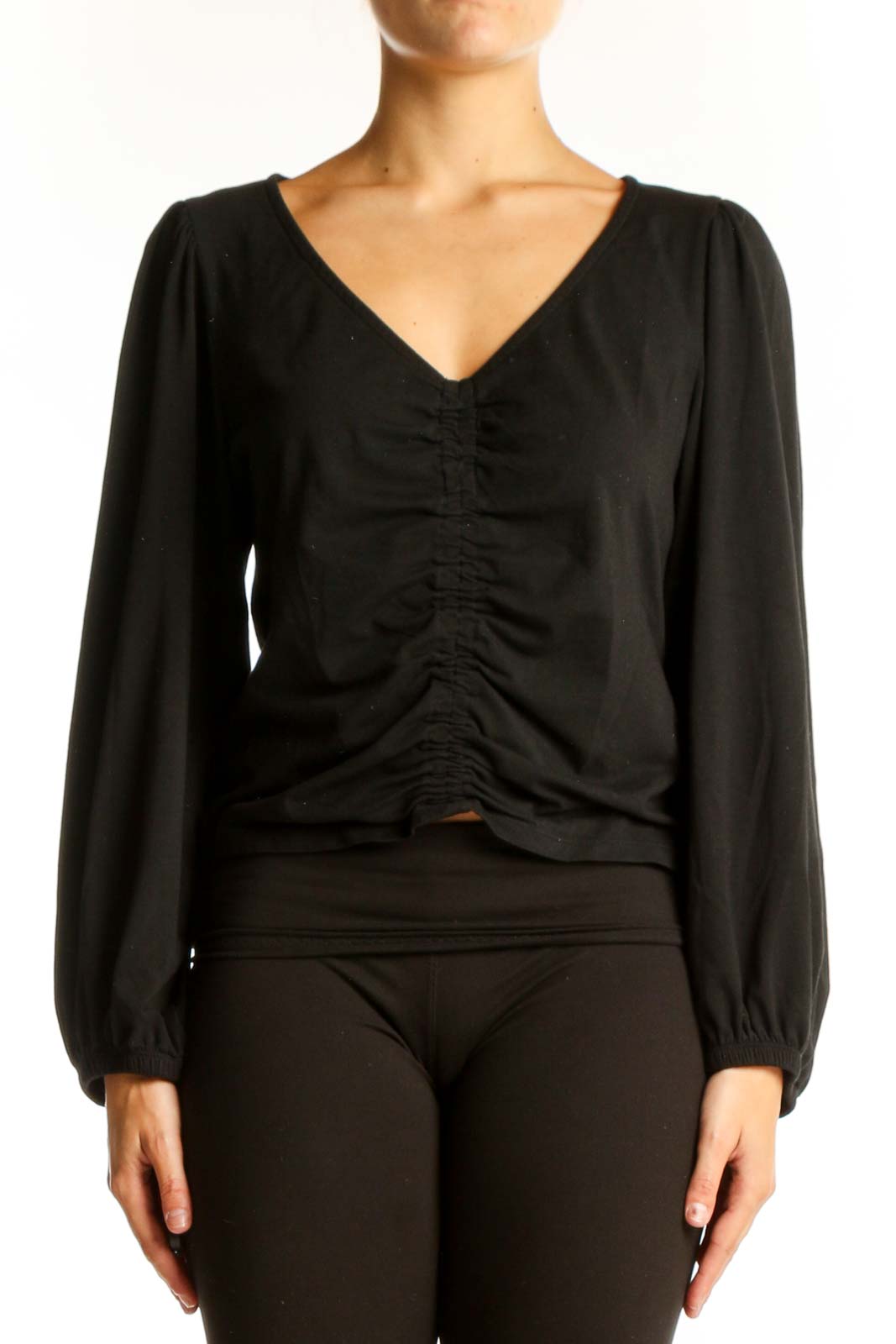 Front view of black Banana Republic ruched V-neck top with long sleeves