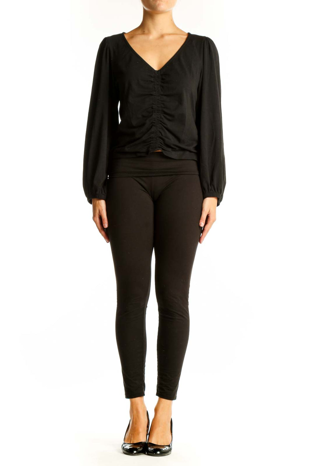 Front view of black Banana Republic ruched V-neck top with long sleeves