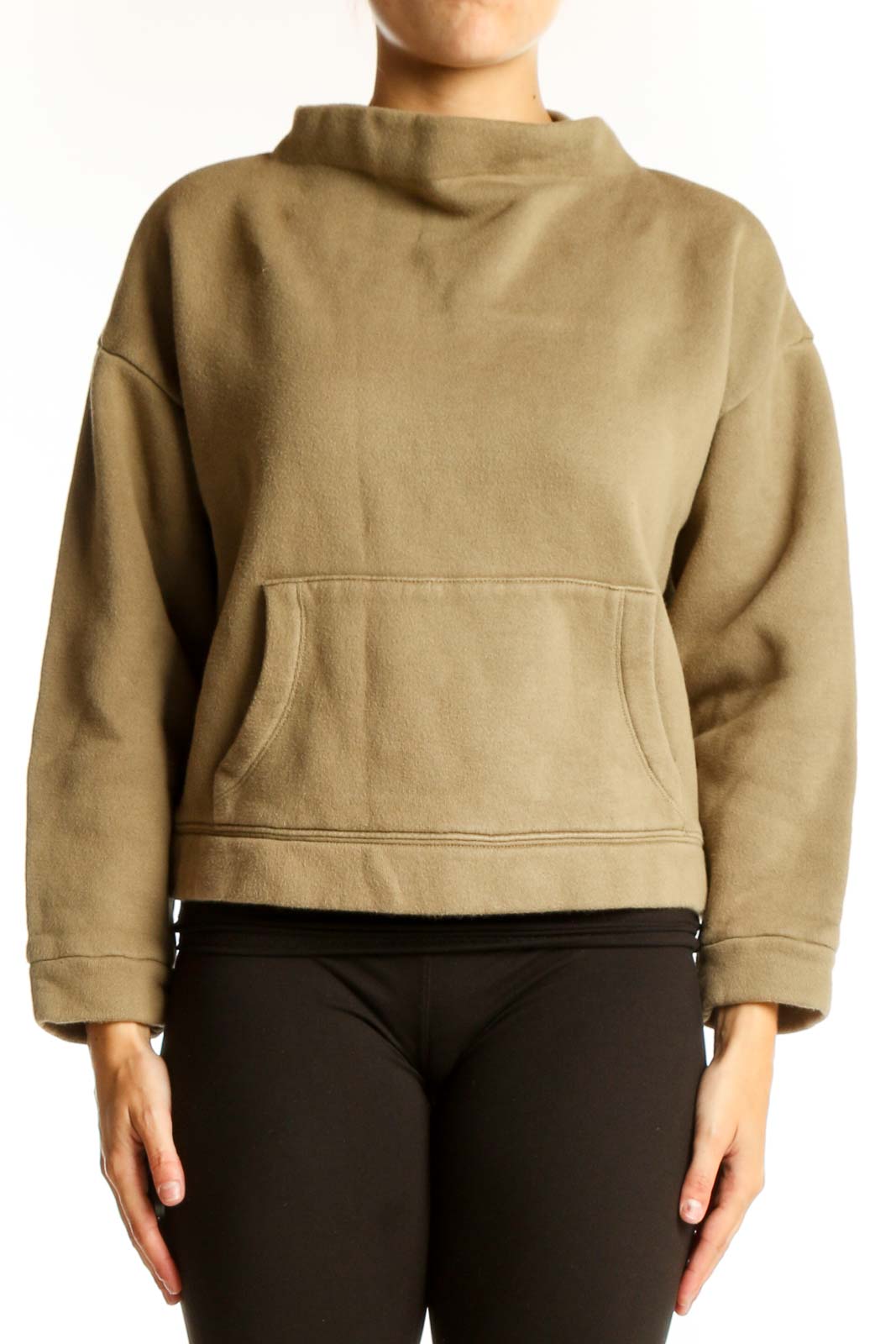 Front view of Madewell tan cropped mock neck sweatshirt with kangaroo pocket