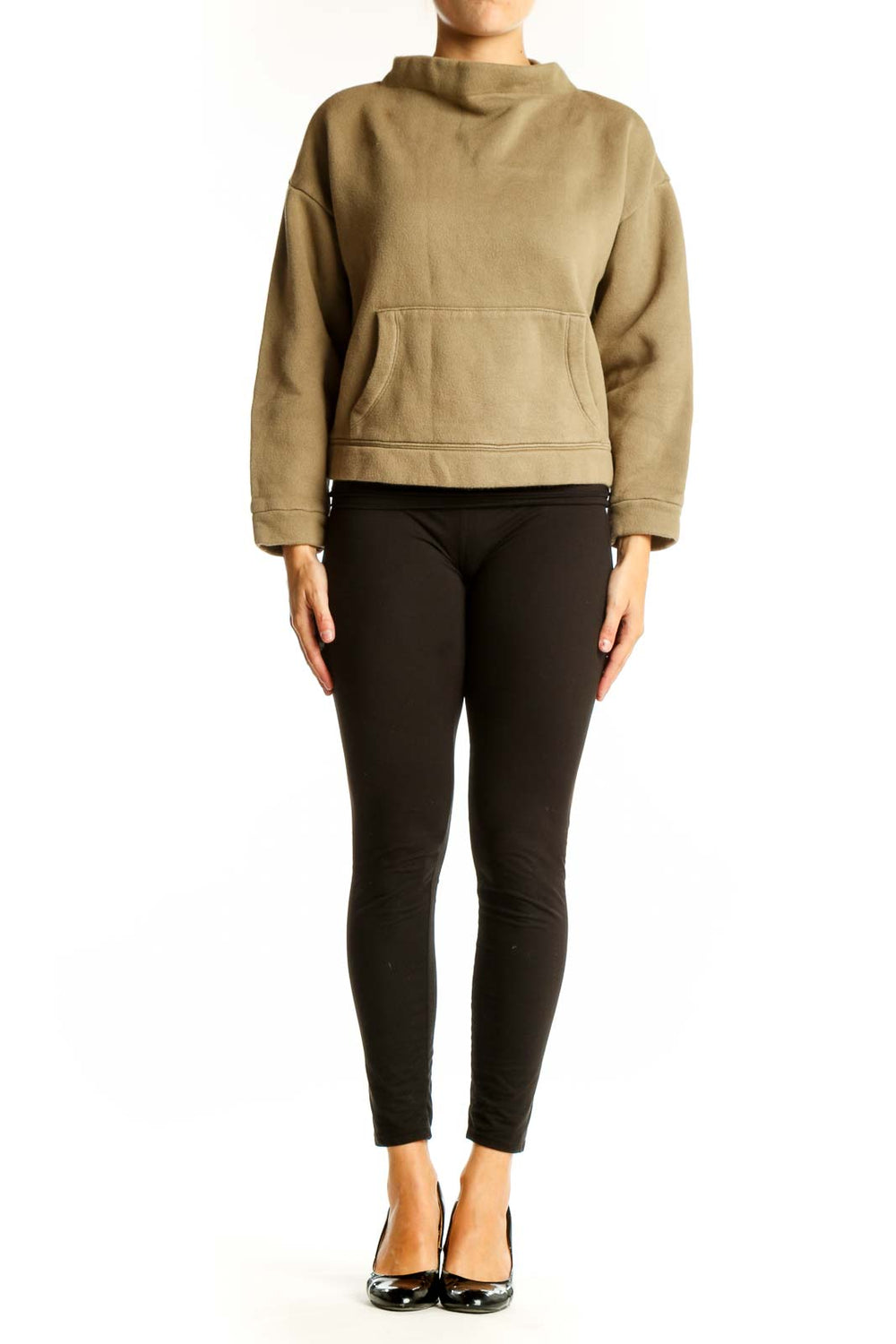 Front view of Madewell tan cropped mock neck sweatshirt with kangaroo pocket