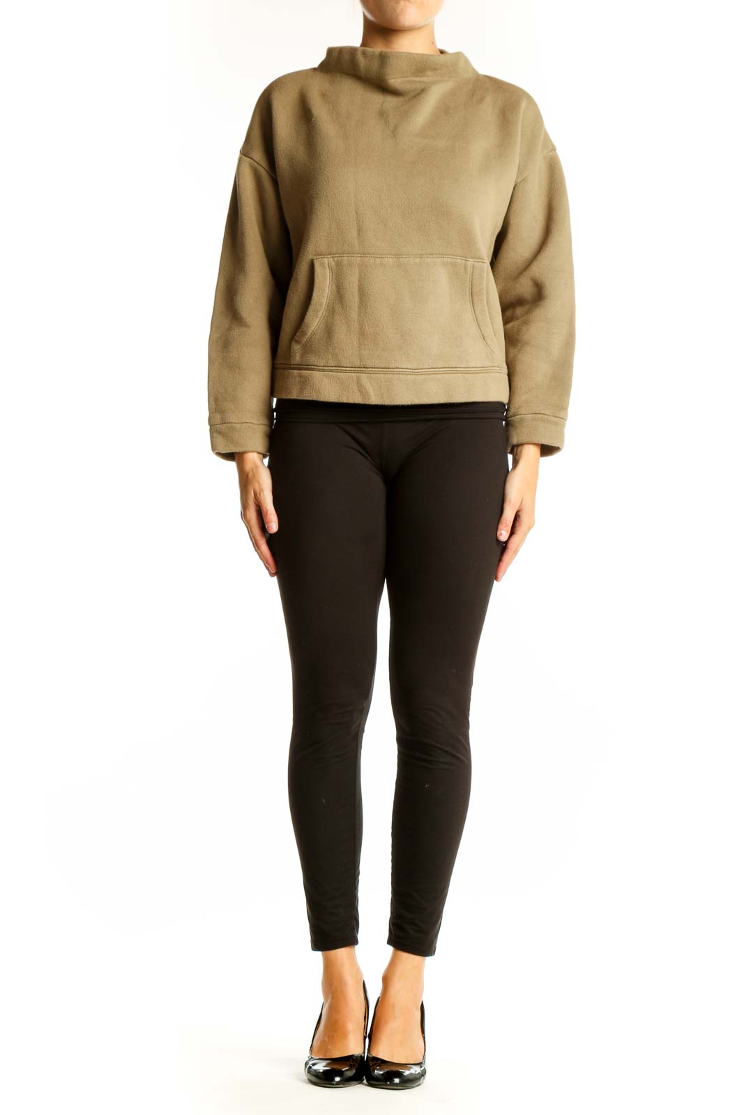 Front view of Madewell tan cropped mock neck sweatshirt with kangaroo pocket