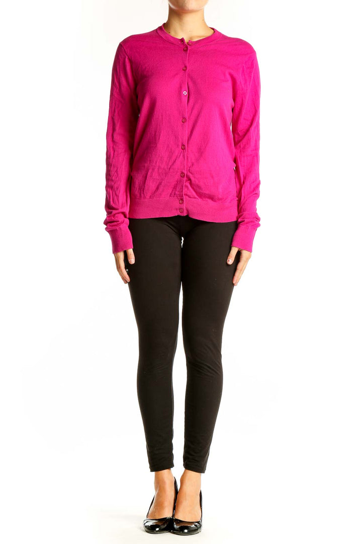 Front view of hot pink J.Crew cotton button-up cardigan