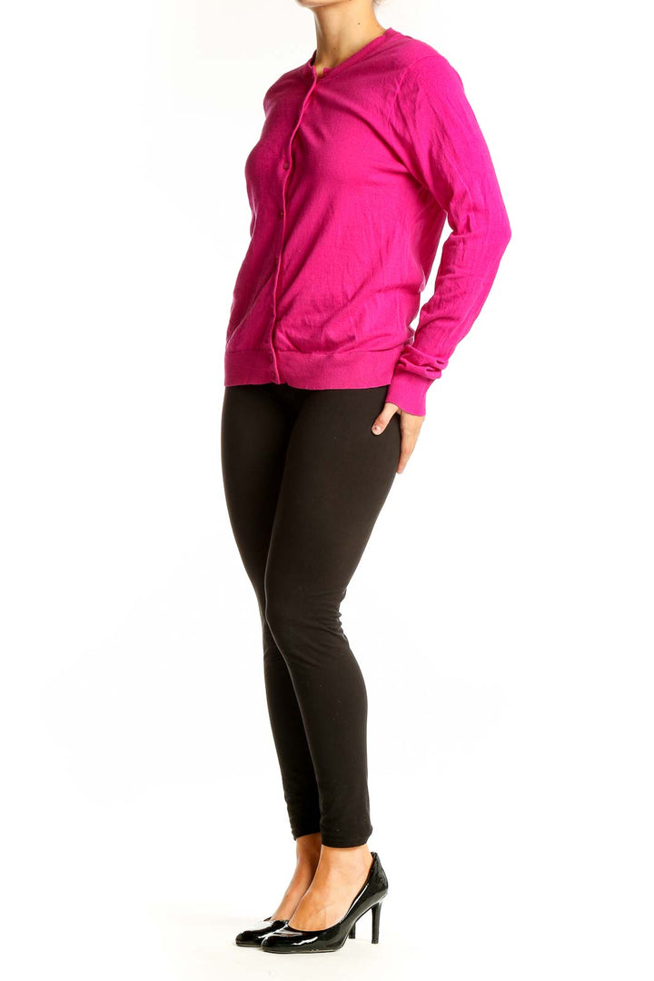 Front view of hot pink J.Crew cotton button-up cardigan
