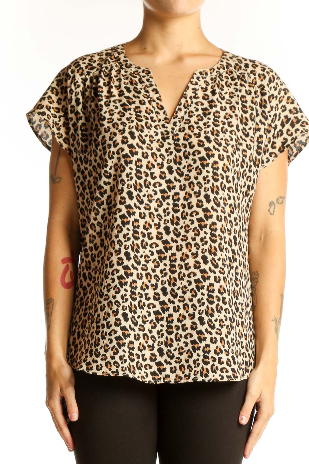 Front view of Banana Republic beige leopard print short sleeve blouse with V-neck