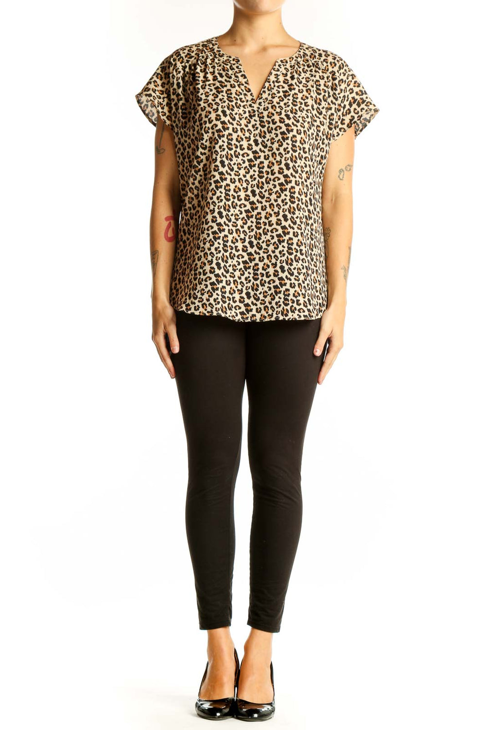Front view of Banana Republic beige leopard print short sleeve blouse with V-neck