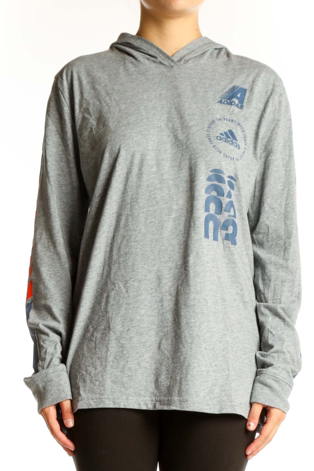 Front view of gray Adidas hooded long sleeve top with blue and orange graphics