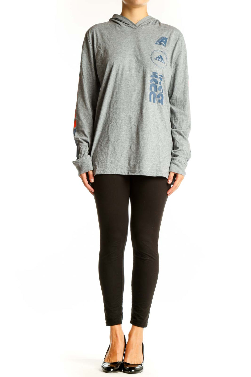 Front view of gray Adidas hooded long sleeve top with blue and orange graphics