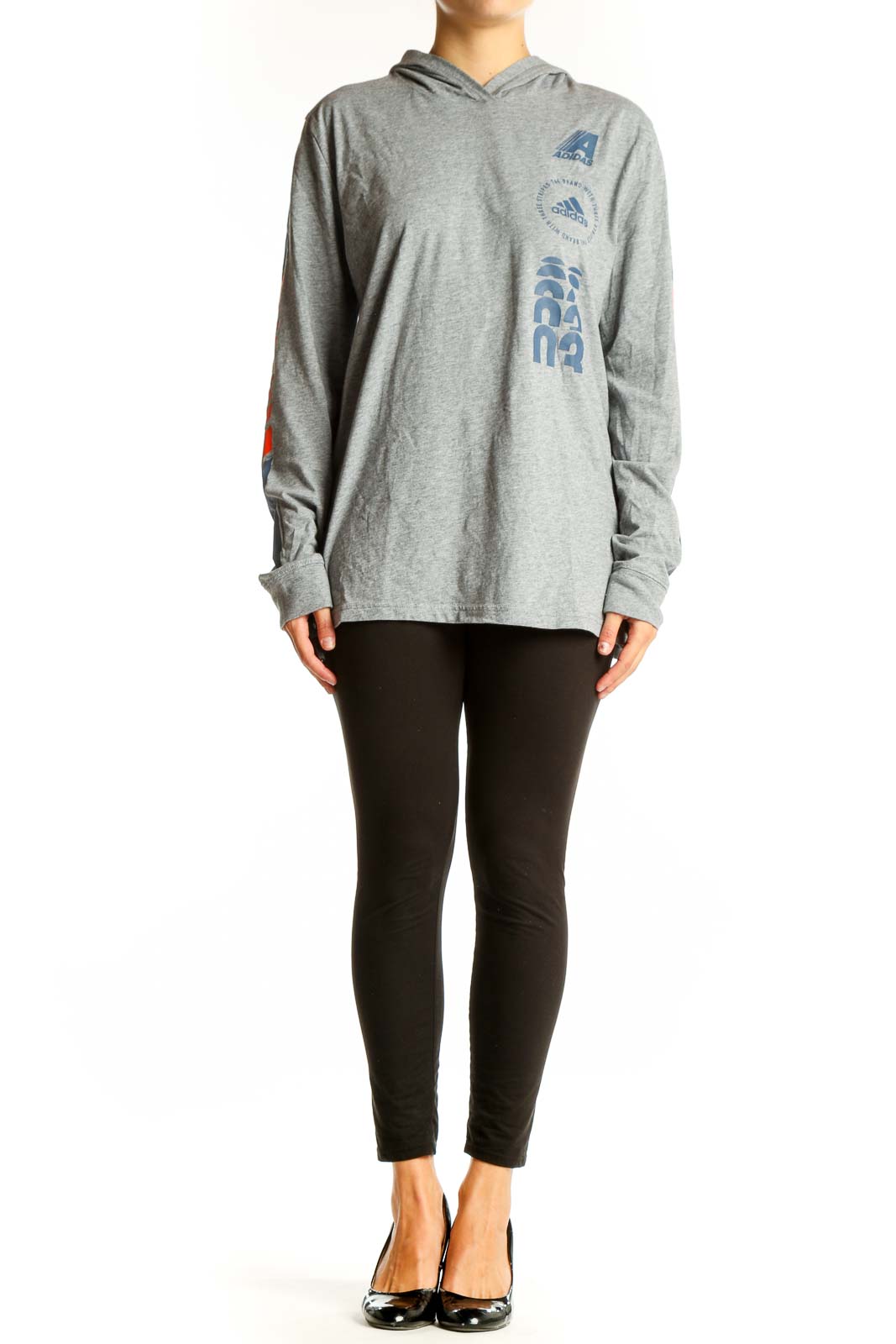 Front view of gray Adidas hooded long sleeve top with blue and orange graphics