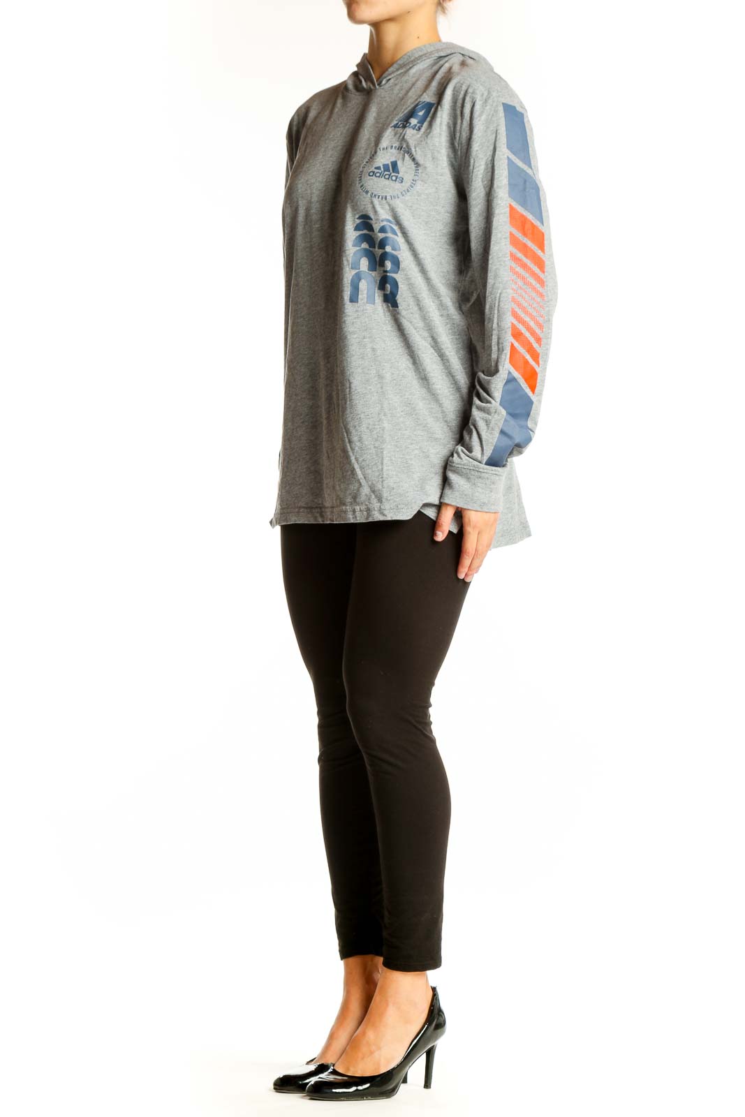 Front view of gray Adidas hooded long sleeve top with blue and orange graphics