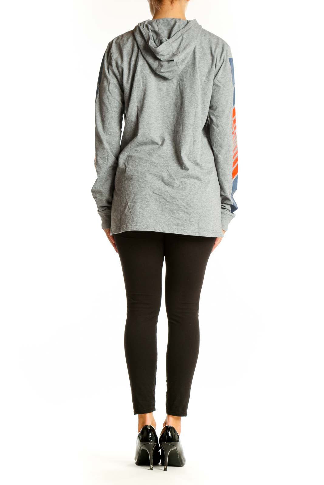 Back view of gray Adidas hooded long sleeve top showing sleeve design