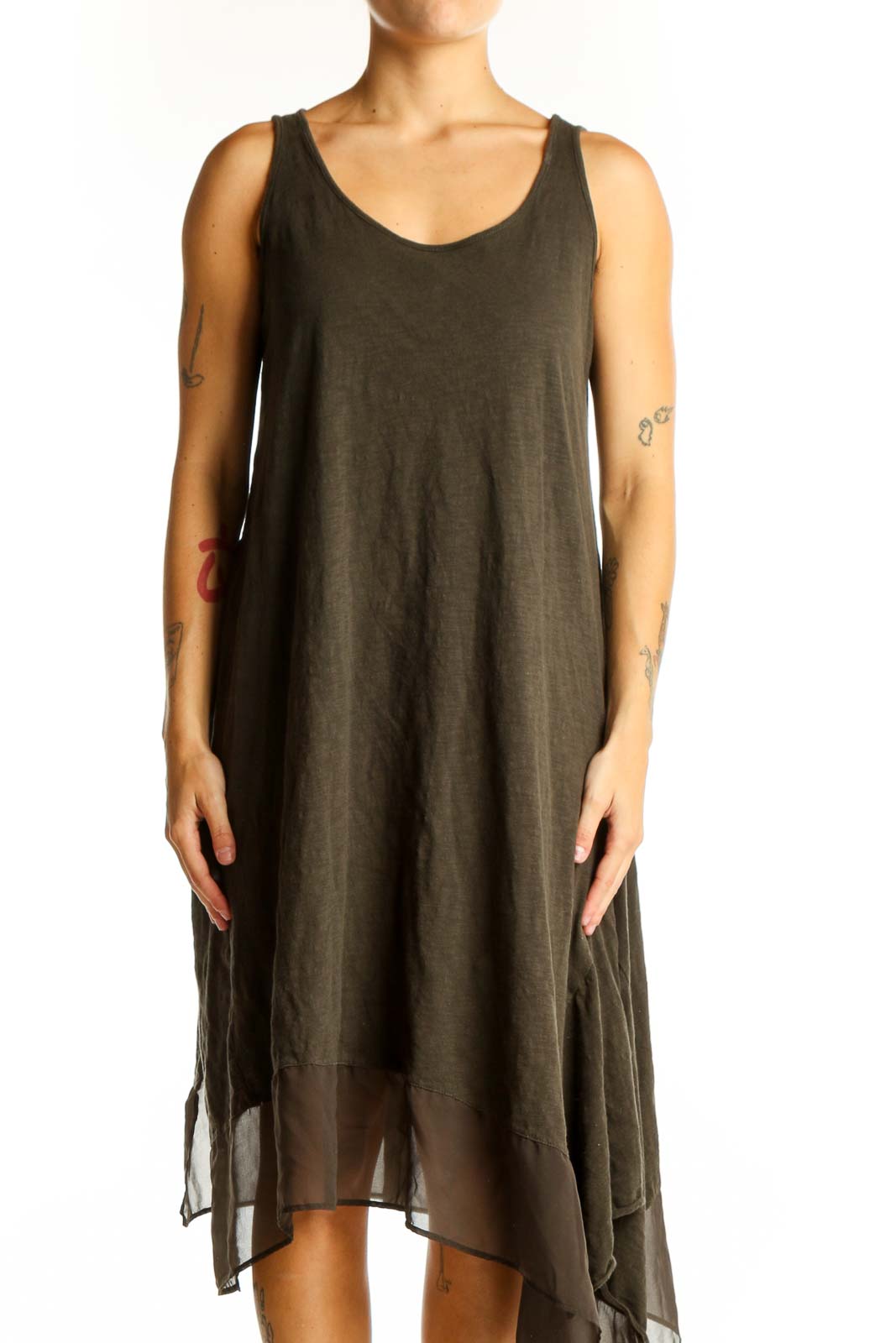 Front view of olive Philosophy sleeveless dress with asymmetrical hem