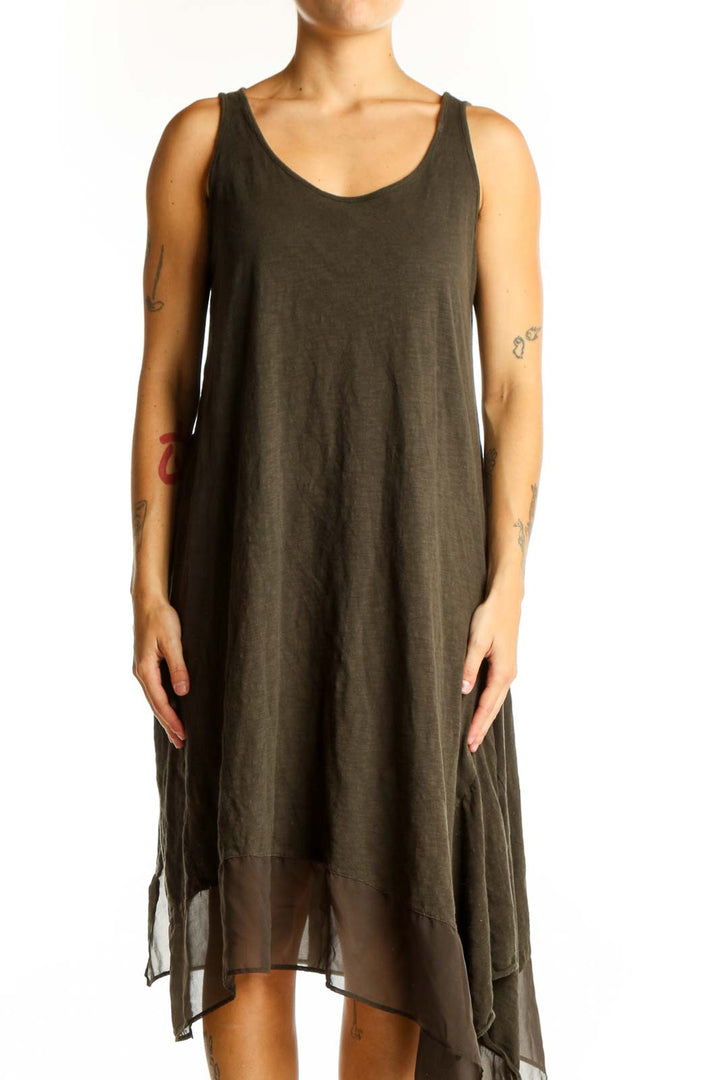 Front view of olive Philosophy sleeveless dress with asymmetrical hem
