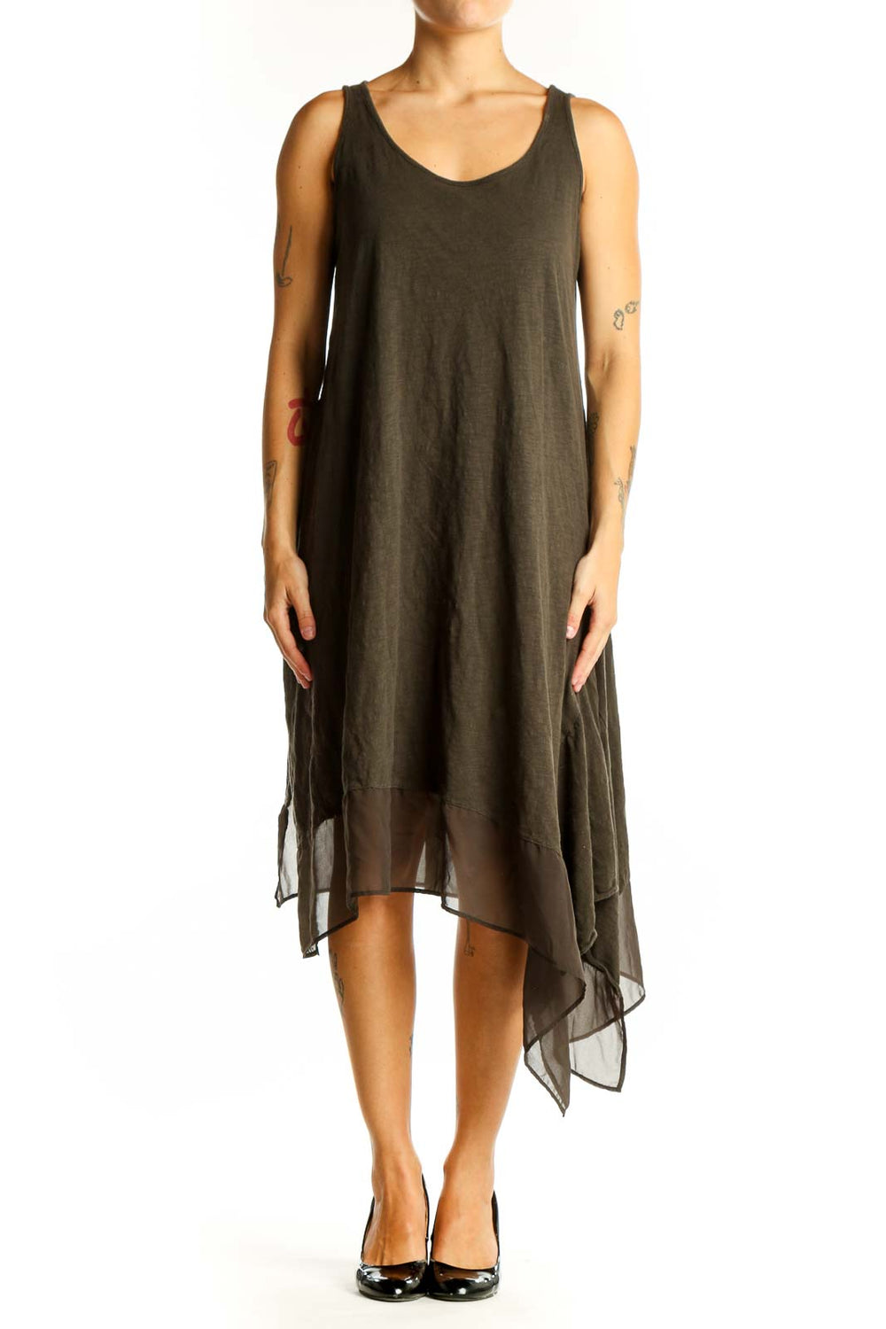 Front view of olive Philosophy sleeveless dress with asymmetrical hem