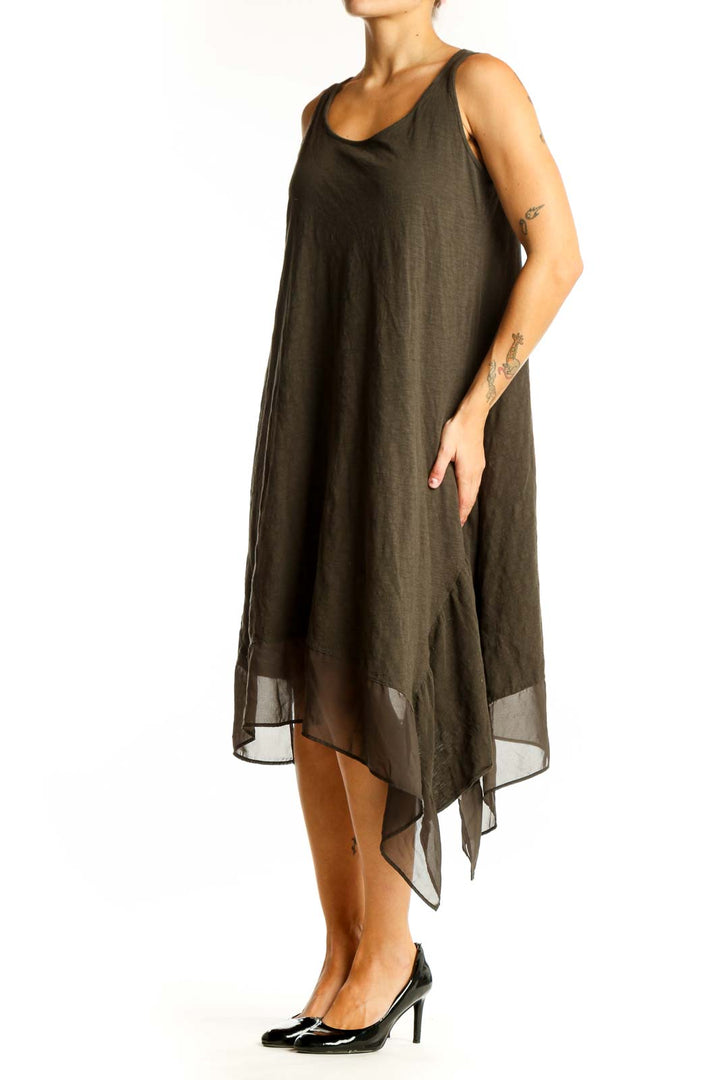 Front view of olive Philosophy sleeveless dress with asymmetrical hem