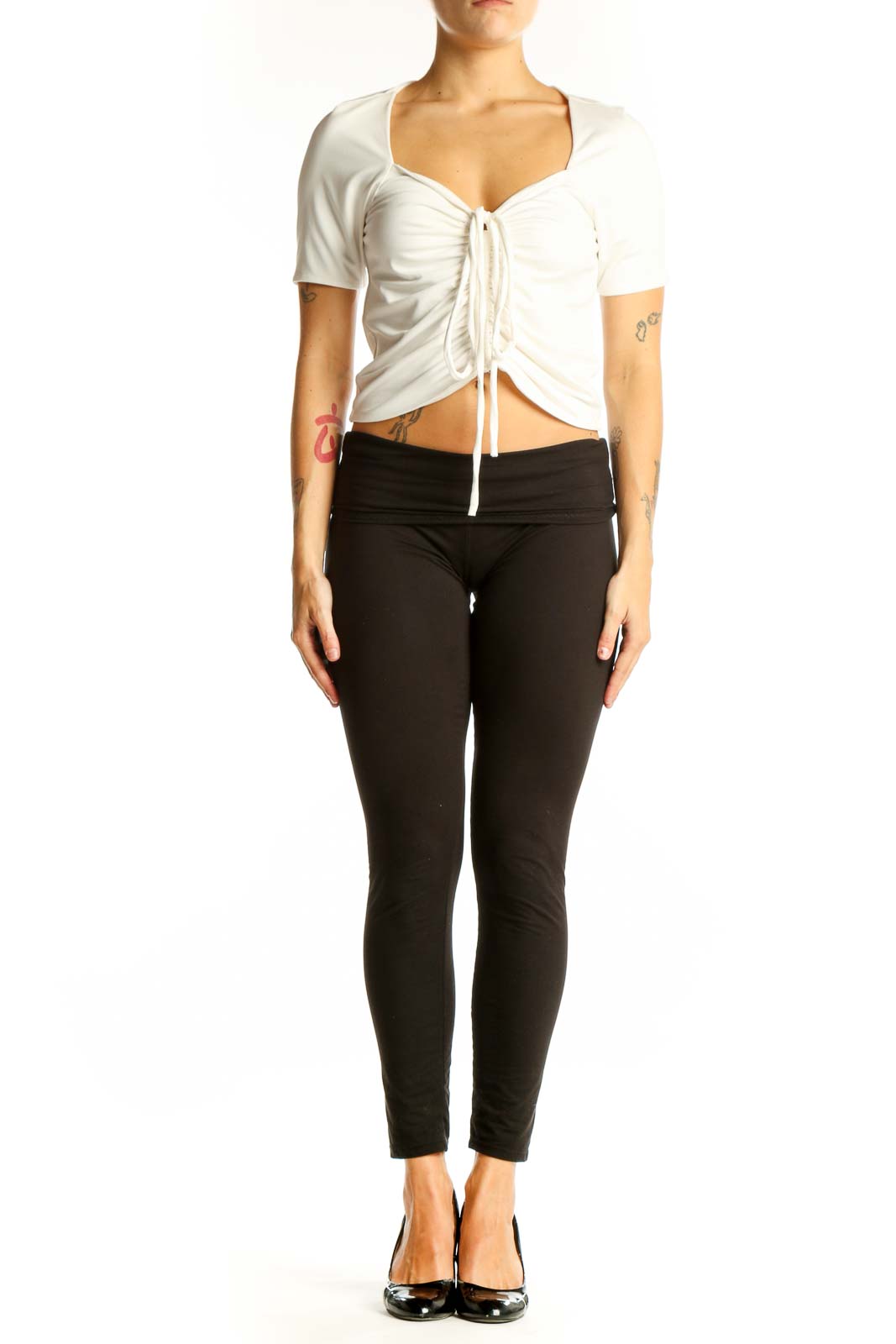Front view of white ruched crop top with drawstring detail