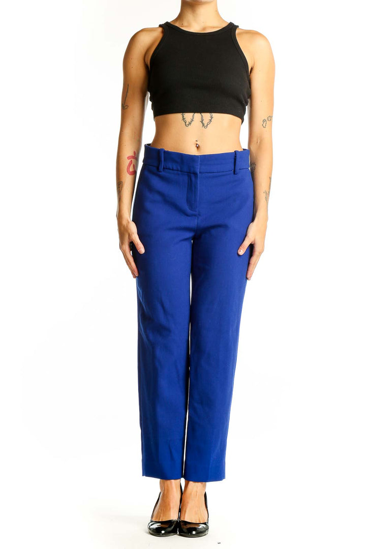 Front view of J.Crew royal blue tailored straight-leg trousers