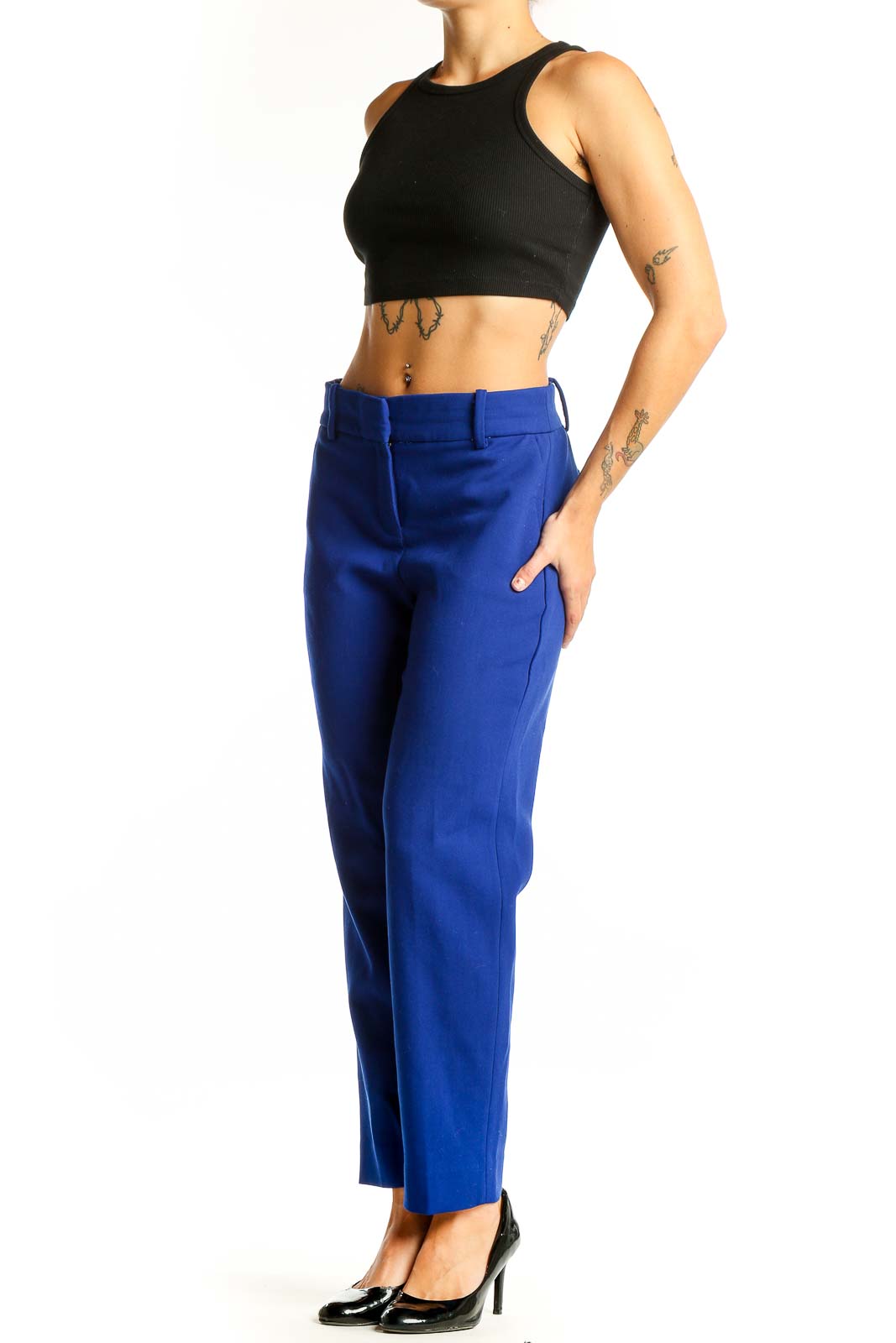 Front view of J.Crew royal blue tailored straight-leg trousers