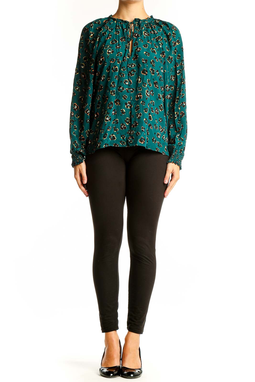 Front view of teal leopard print blouse with long sleeves and keyhole neckline