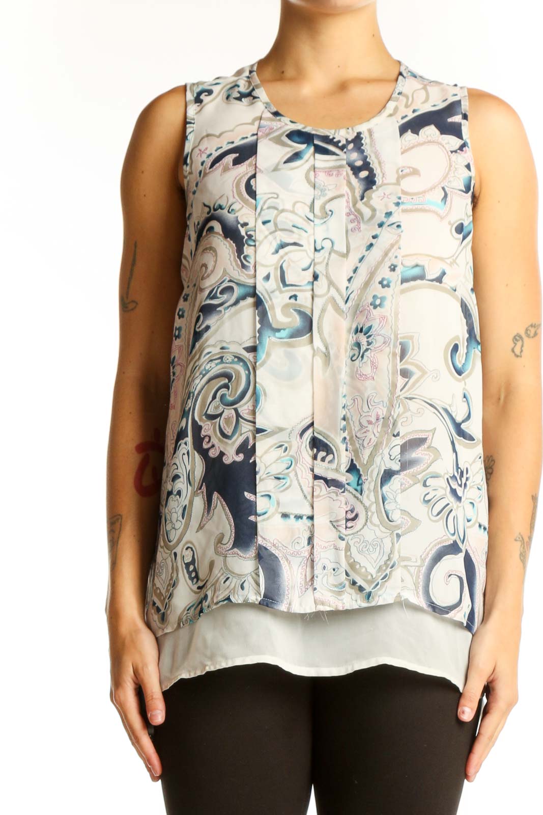 Front view of Daniel Rainn blue and white paisley sleeveless blouse with button-front closure