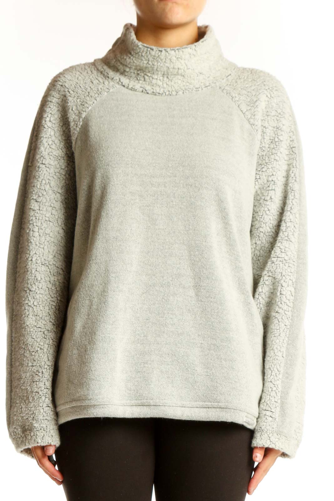 Front view of light gray prAna turtleneck sweater with oversized fit