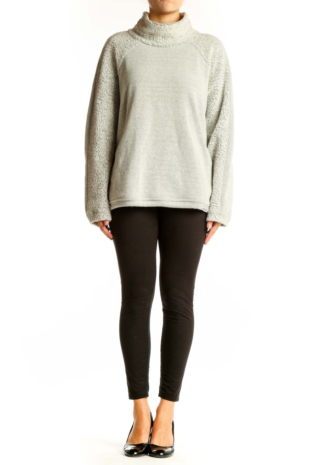 Front view of light gray prAna turtleneck sweater with oversized fit