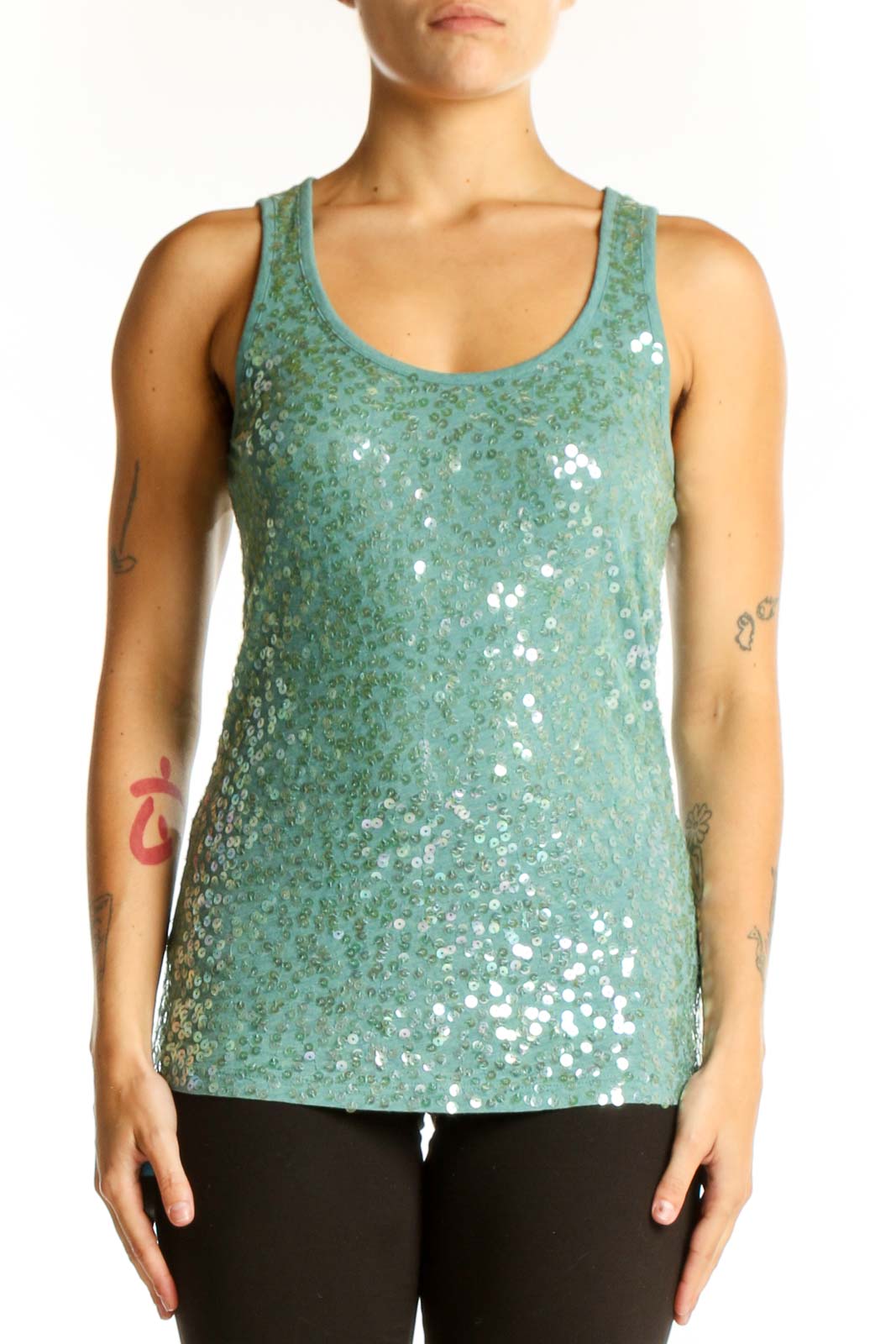 Front view of DKNY mint green sequined tank top