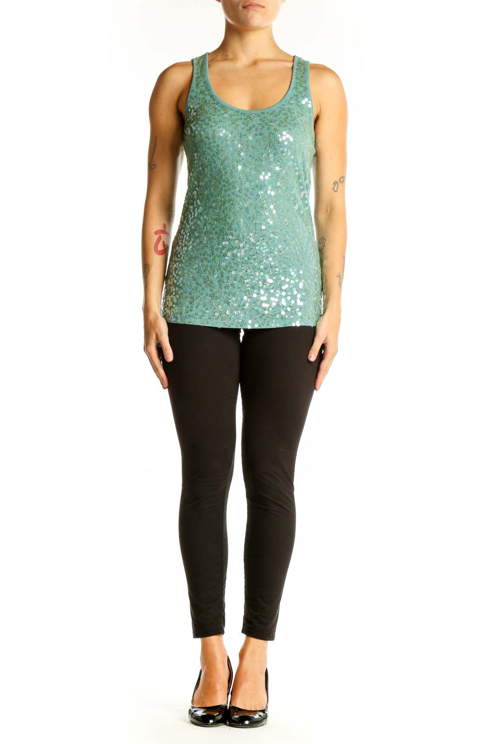 Front view of DKNY mint green sequined tank top
