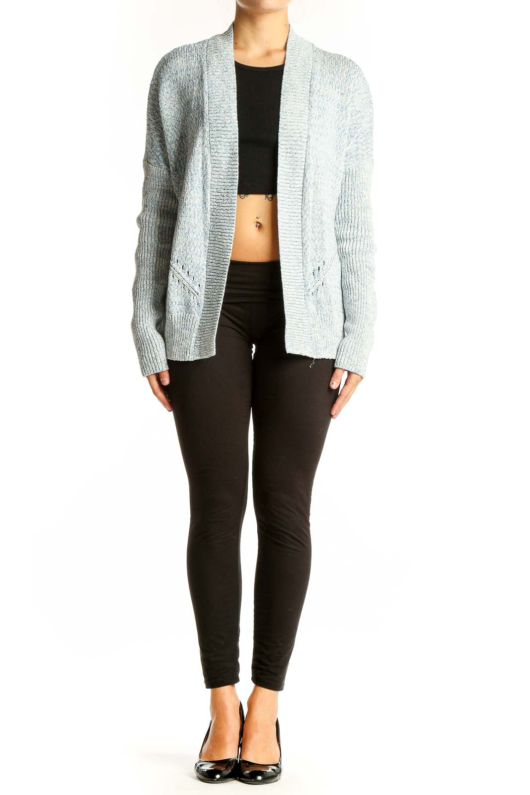Front view of light blue Gap open front knit cardigan on model