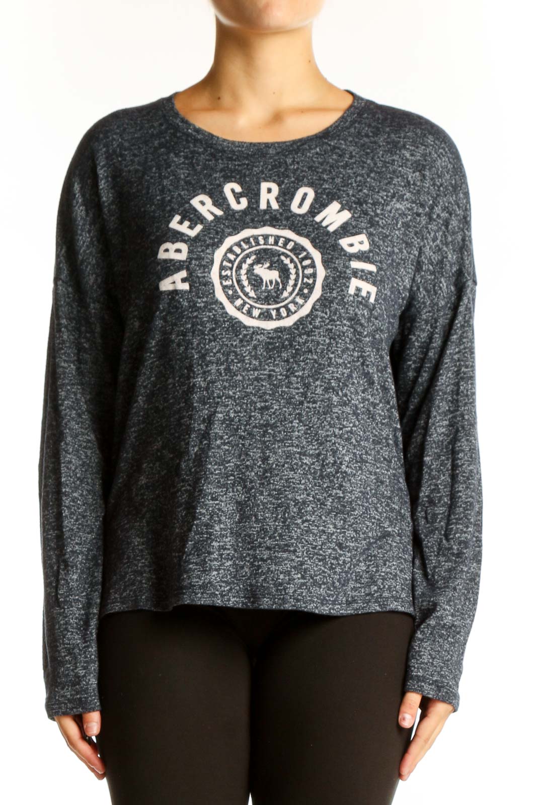 Front view of gray heathered Abercrombie & Fitch long sleeve top with logo