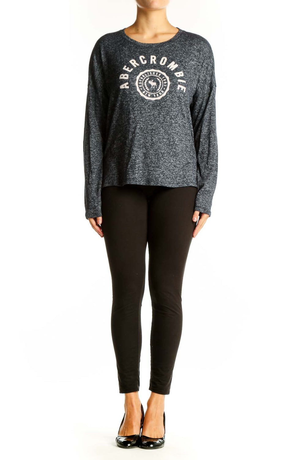 Front view of gray heathered Abercrombie & Fitch long sleeve top with logo