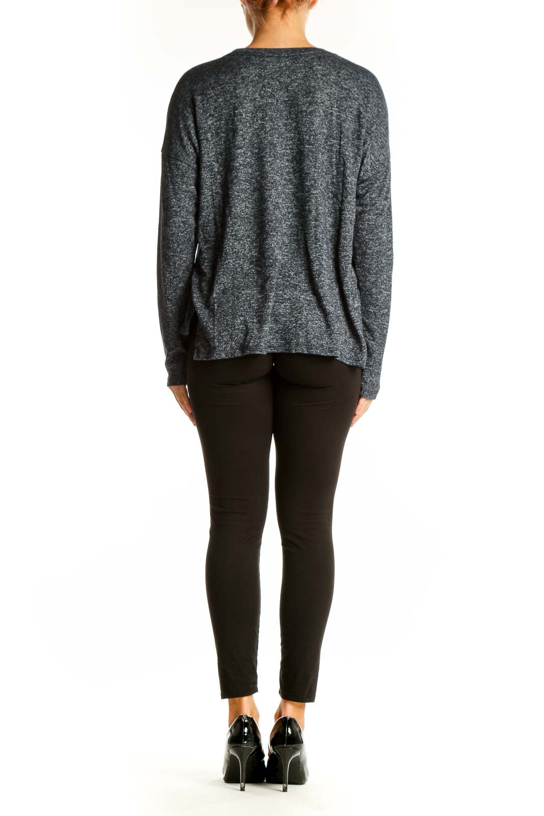 Side view of woman wearing gray heathered Abercrombie & Fitch long sleeve top