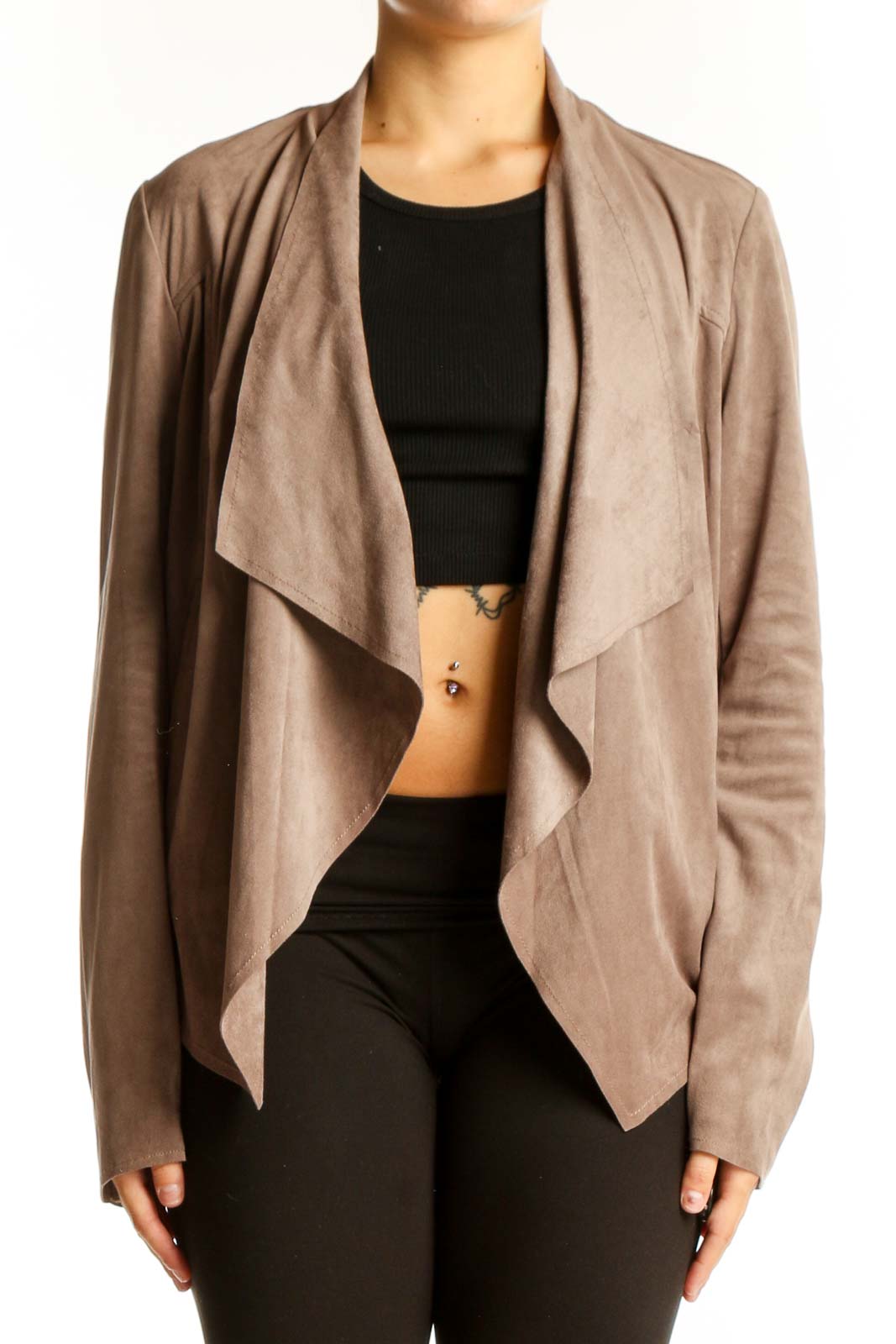Front view of KUT from the Kloth taupe draped suede-like jacket