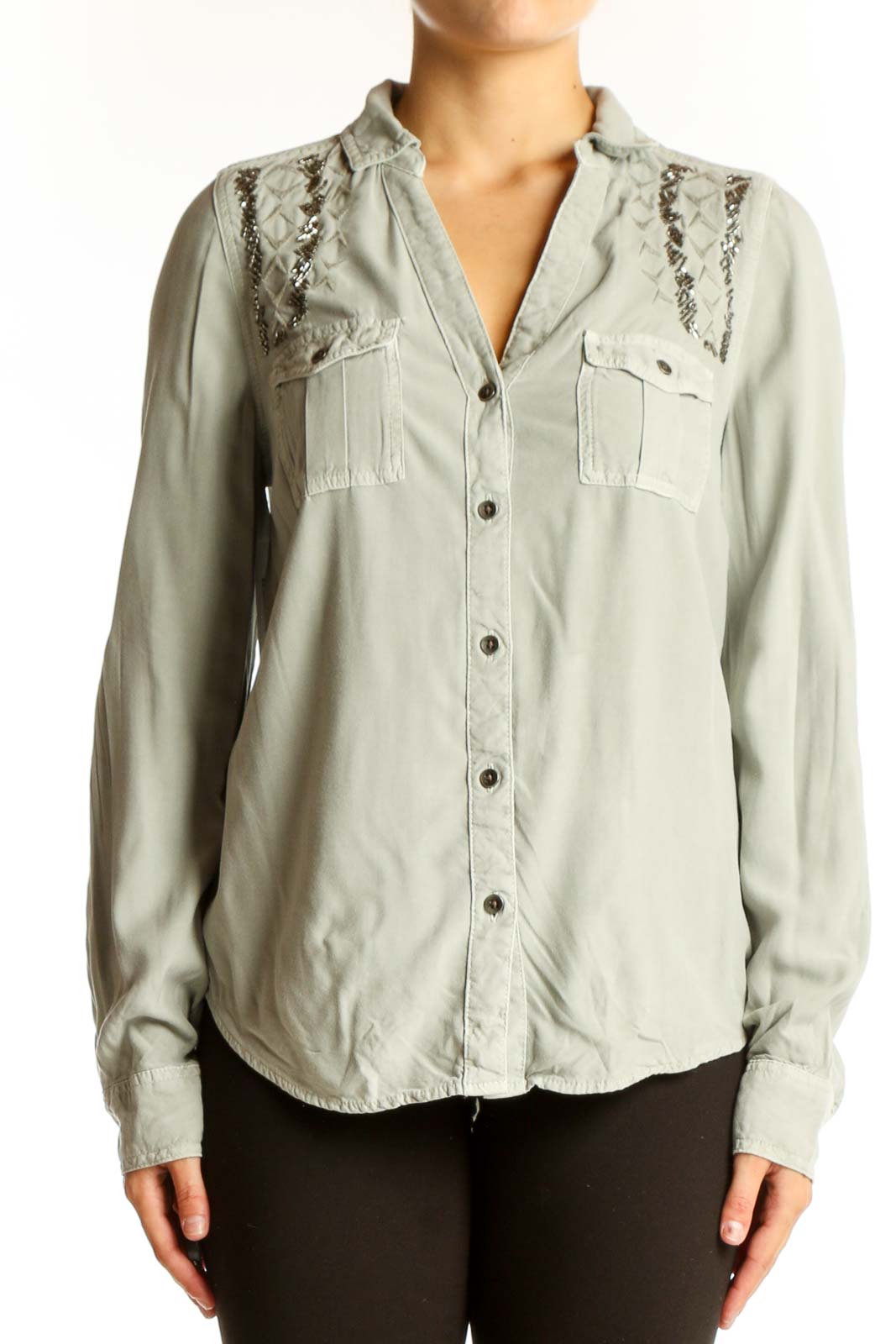 Front view of sage green Rock & Republic button-down shirt with lace trim