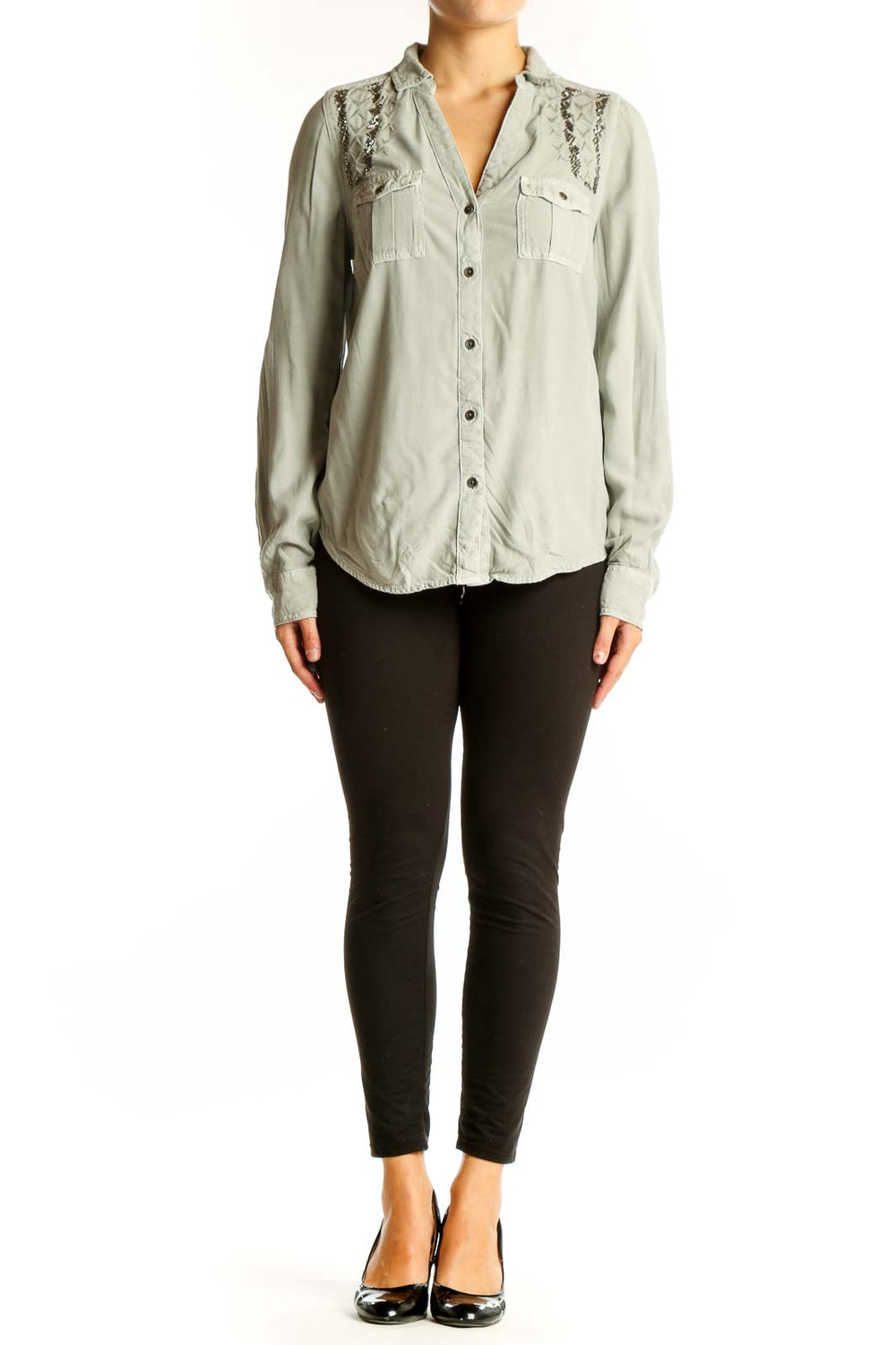 Front view of sage green Rock & Republic button-down shirt with lace trim