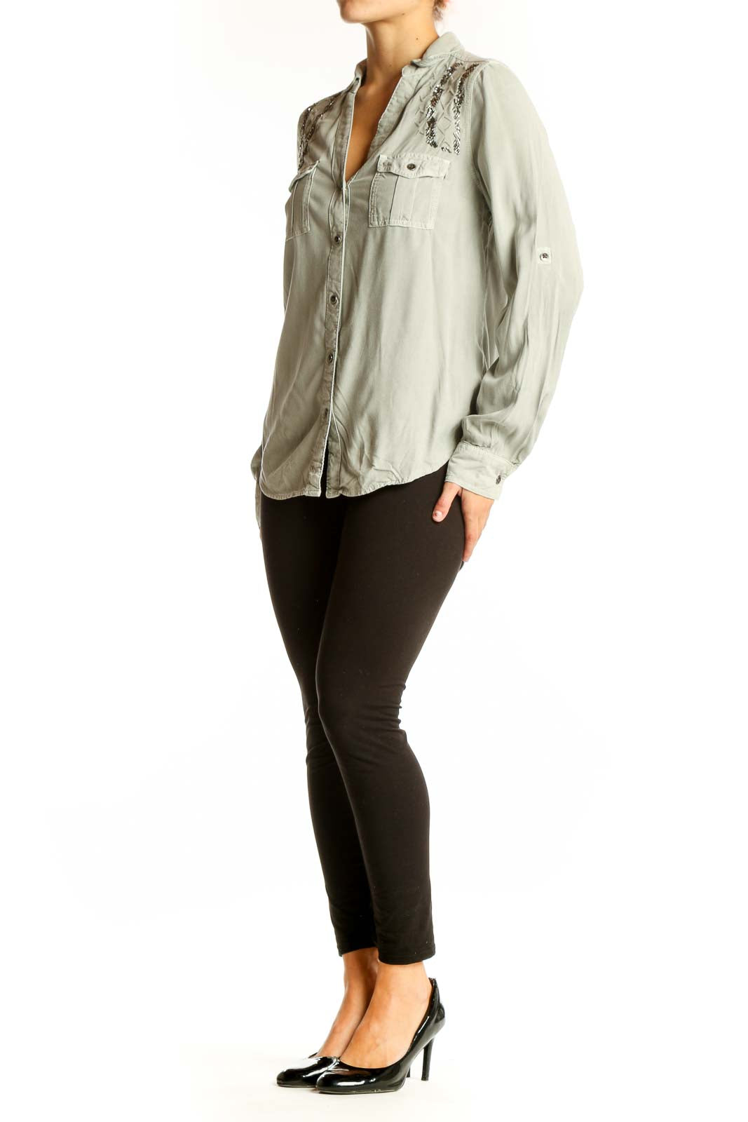 Front view of sage green Rock & Republic button-down shirt with lace trim