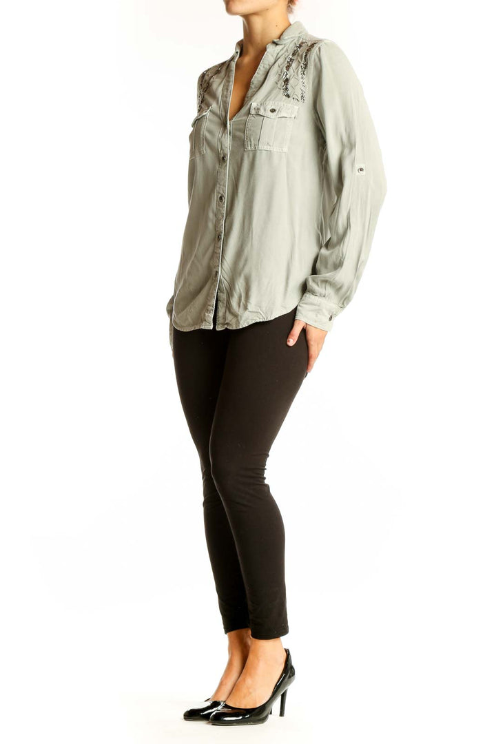 Front view of sage green Rock & Republic button-down shirt with lace trim