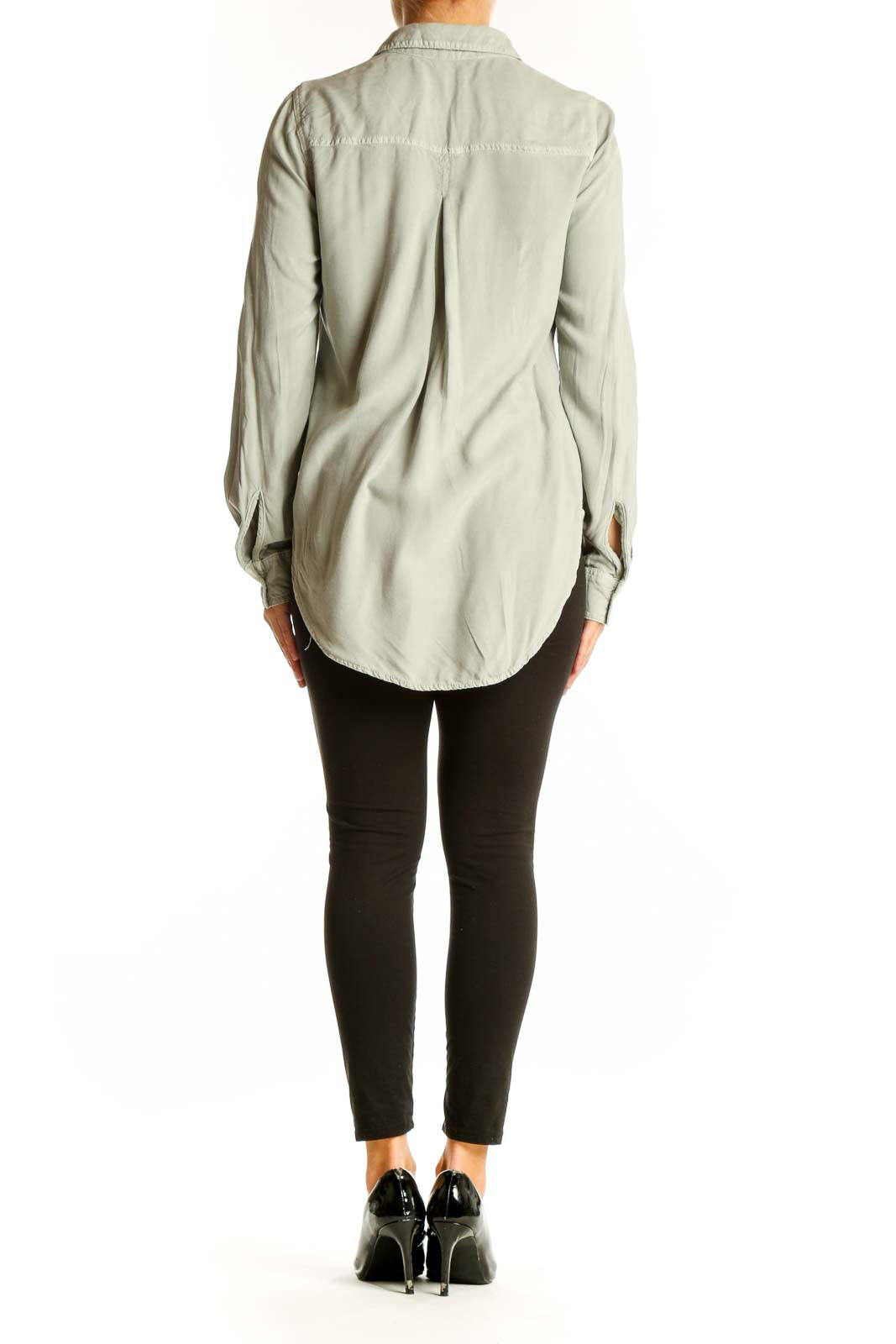Back view of sage green Rock & Republic button-down shirt on model