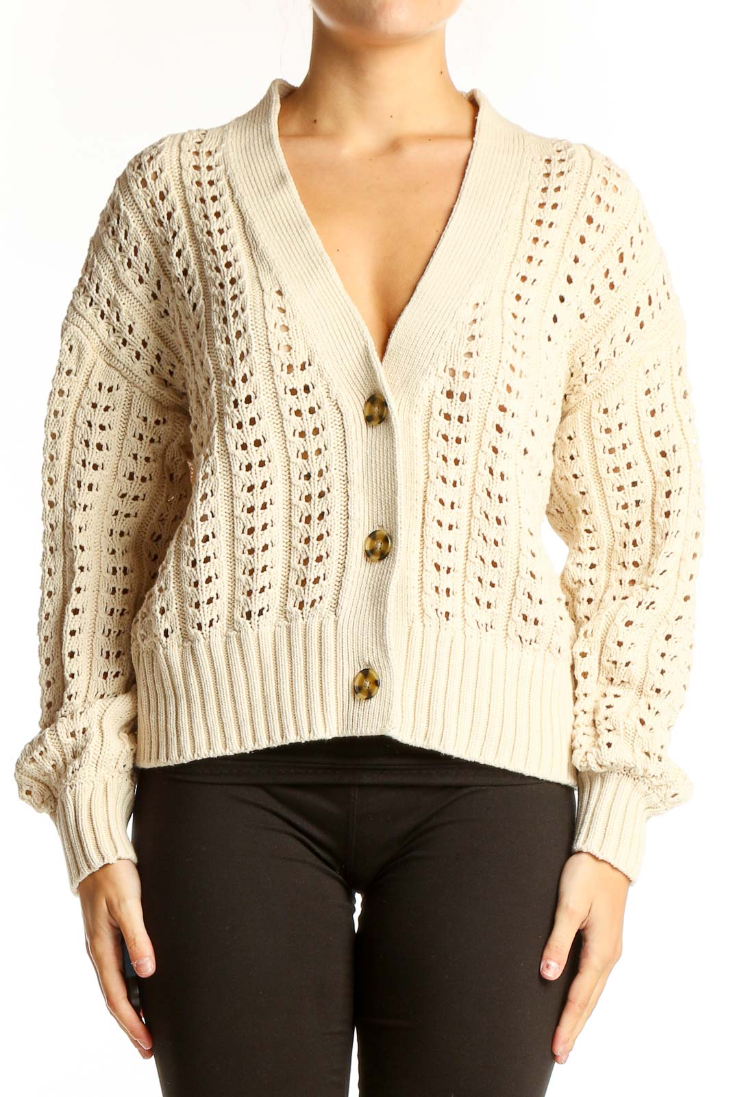 Front view of cream crochet knit cardigan from Gap with open-knit pattern