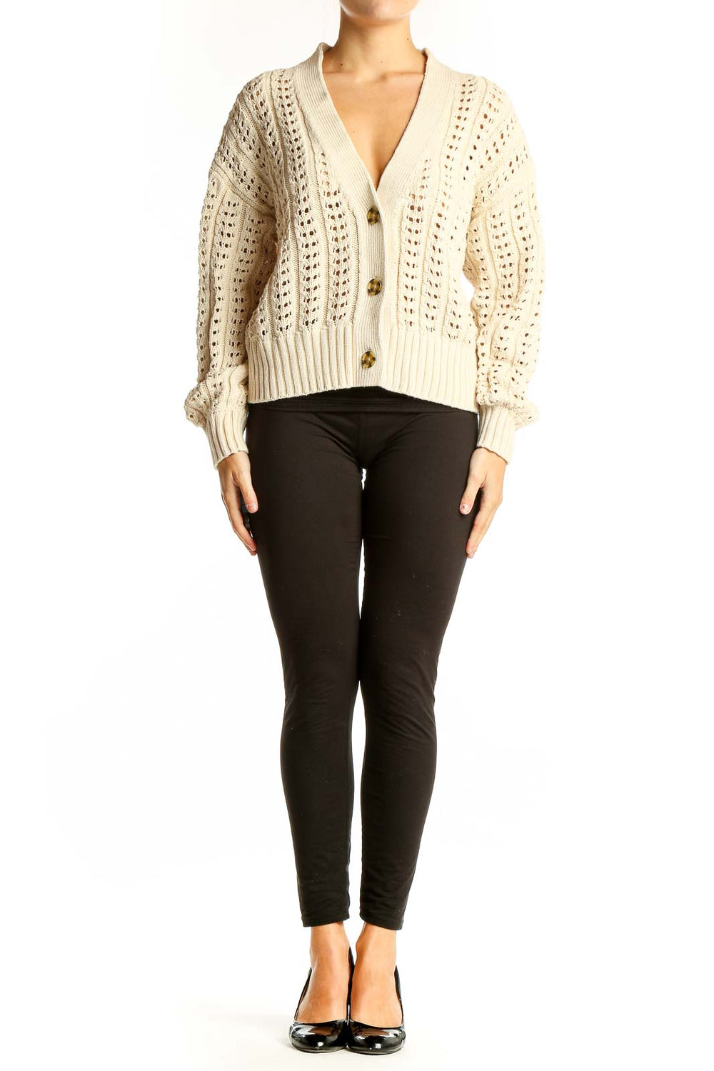 Front view of cream crochet knit cardigan from Gap with open-knit pattern