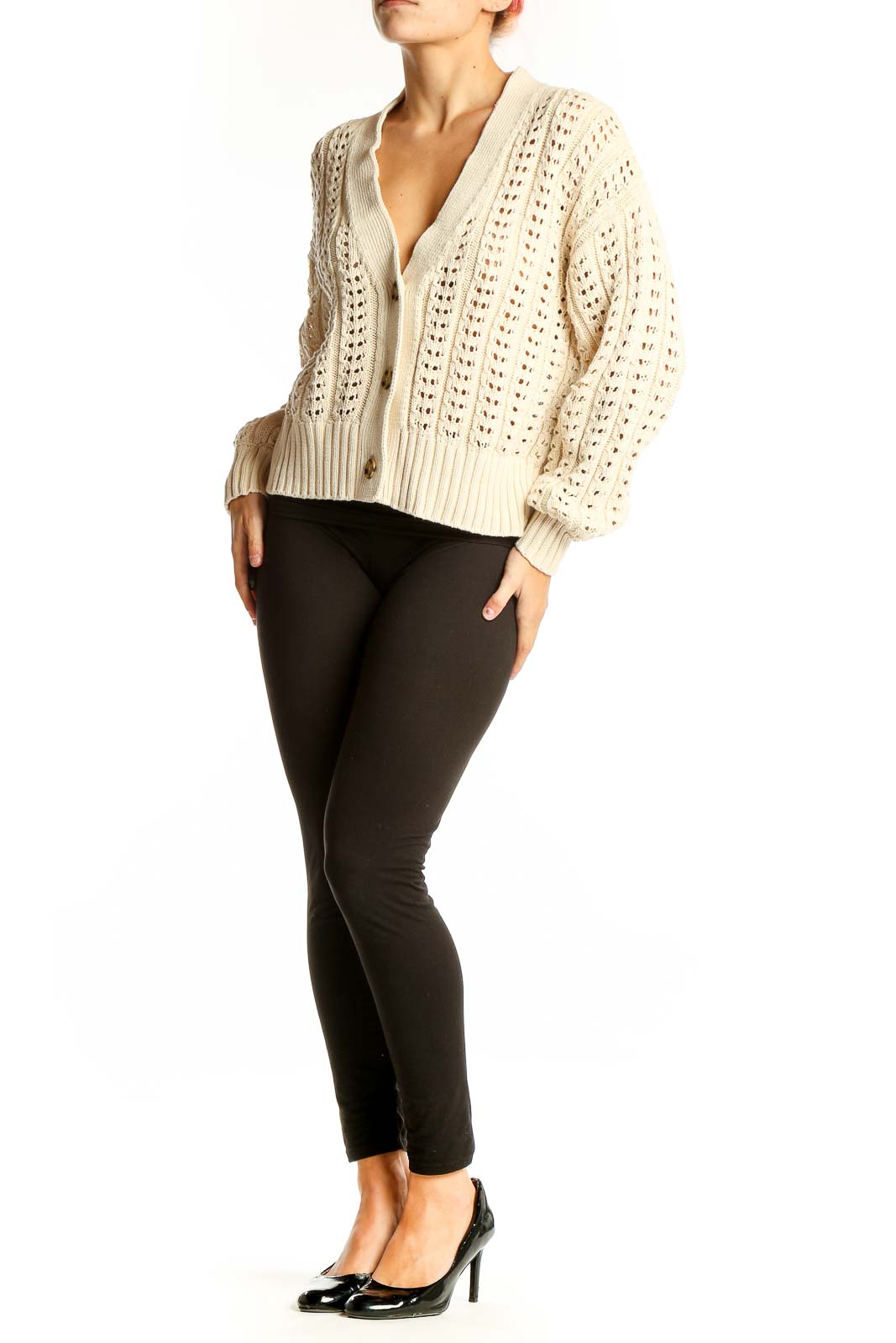 Front view of cream crochet knit cardigan from Gap with open-knit pattern