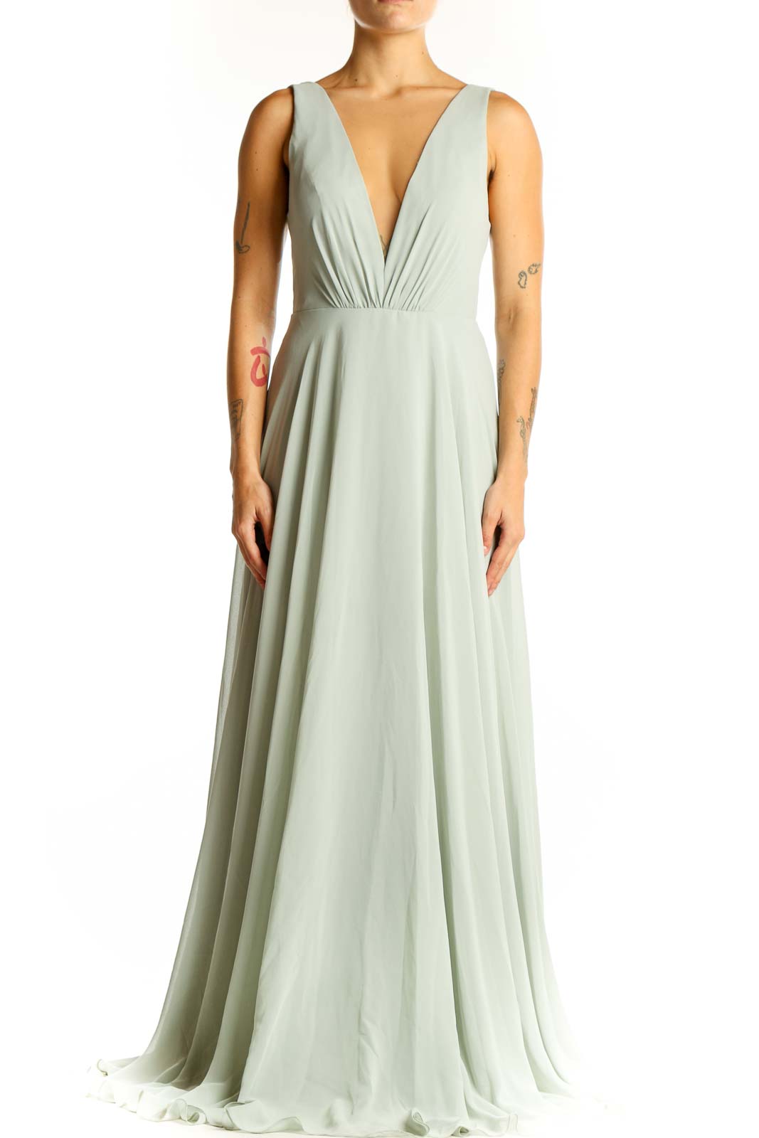 Front view of sage green Jenny Yoo maxi dress with plunging V-neckline