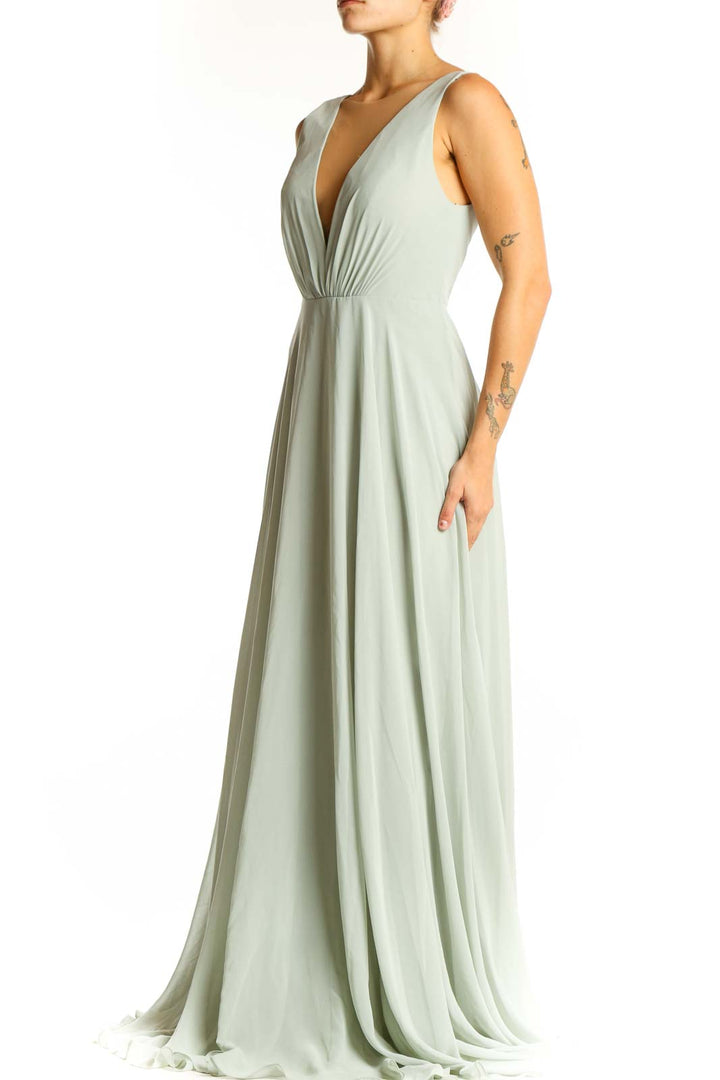 Front view of sage green Jenny Yoo maxi dress with plunging V-neckline