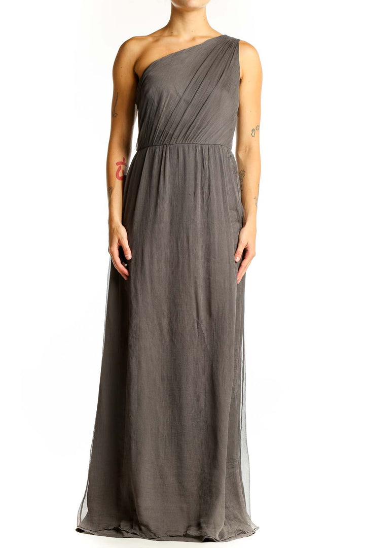 Front view of Amsale gray one-shoulder silk maxi dress