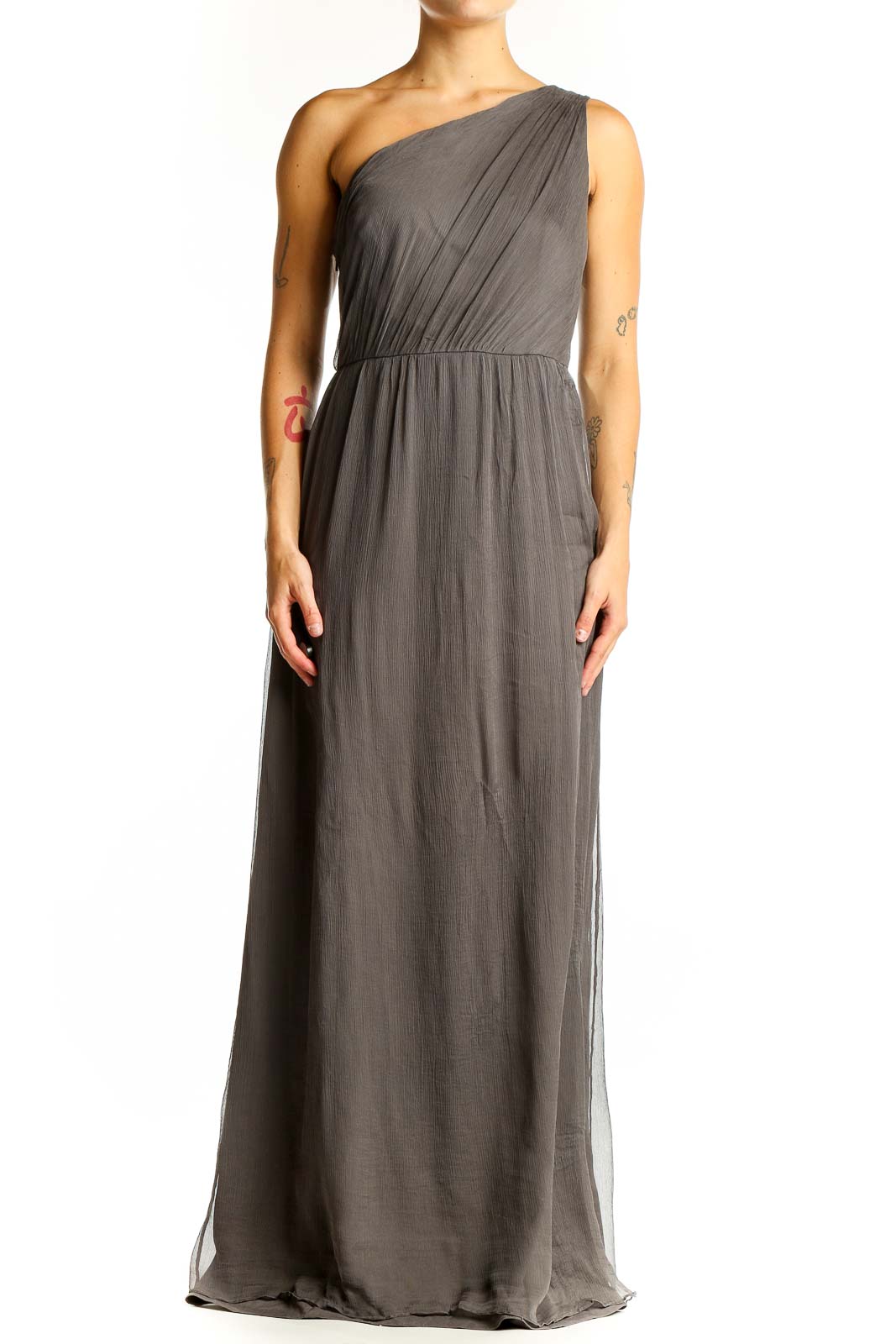 Front view of Amsale gray one-shoulder silk maxi dress